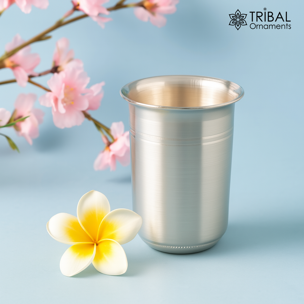 Silver handmade milk tumbler glass by TRIBAL ORNAMENTS, 999 fine silver, designed for baby water and rice ceremony use.