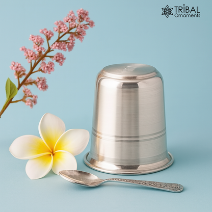 Handmade 999 fine silver water and milk glass tumbler with silver flask and baby silver utensils set by TRIBAL ORNAMENTS.
