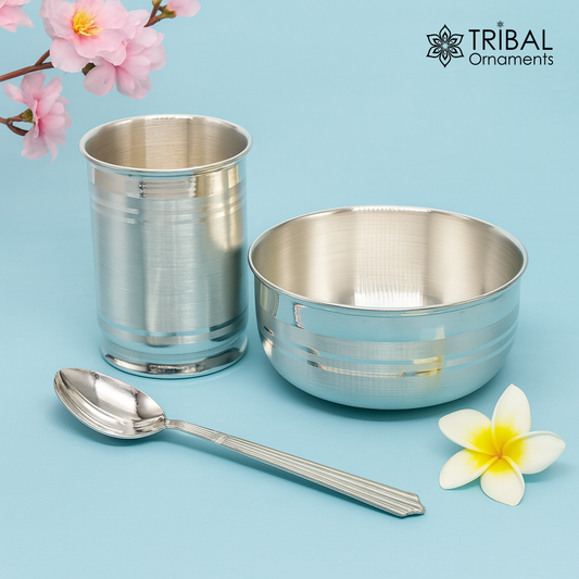 999 fine silver water milk glass and bowl, silver tumbler silver spoon, silver utensils,best kids gift for rice ceremony /Annaprashana sv197 - TRIBAL ORNAMENTS