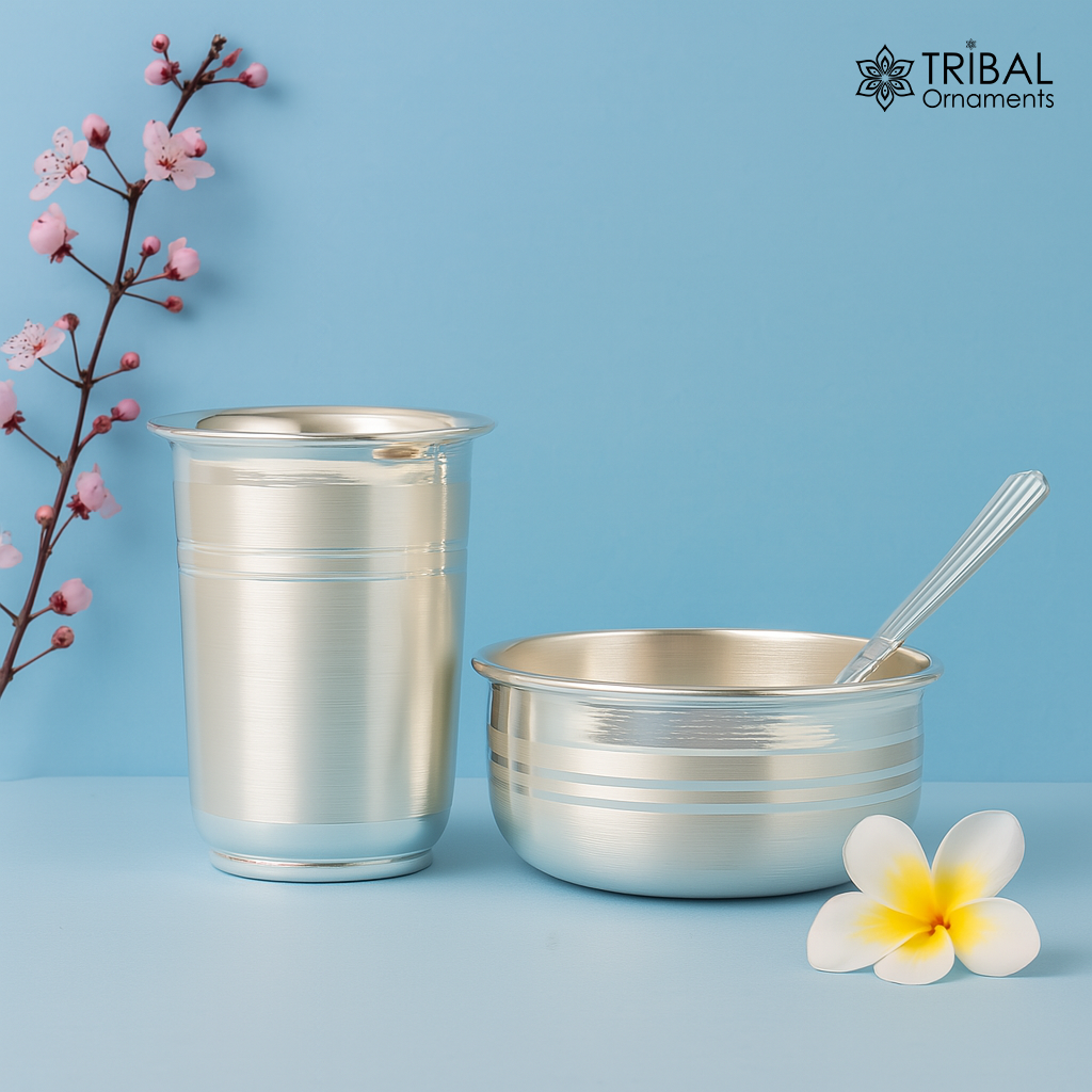 999 fine silver water milk glass and bowl, silver tumbler silver spoon, silver utensils, silver baby food utensils, silver article sv176 - TRIBAL ORNAMENTS