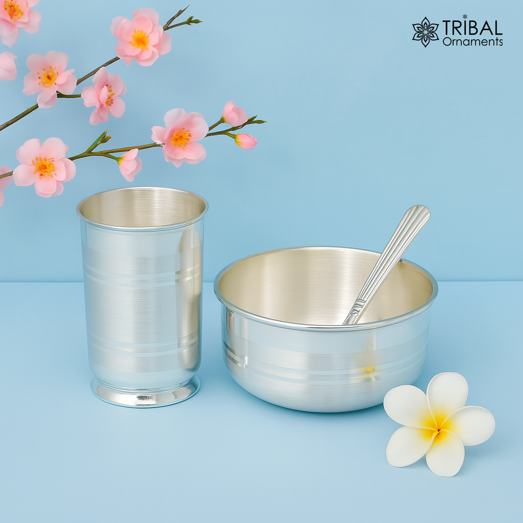 999 fine silver water milk glass and bowl, silver tumbler silver spoon, silver utensils, silver baby food utensils, silver article sv198 - TRIBAL ORNAMENTS