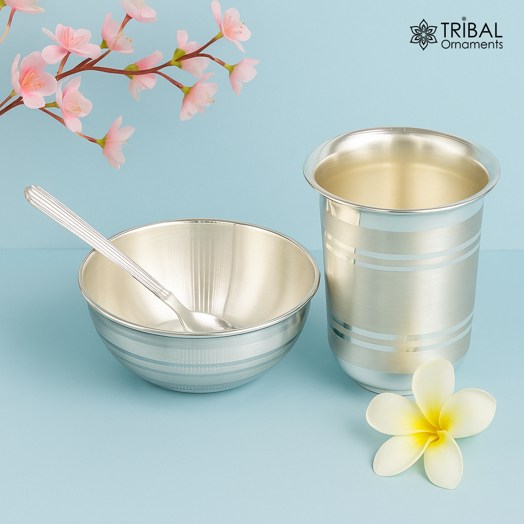 999 fine silver water milk glass and bowl, silver tumbler silver spoon, silver utensils, silver baby set serving food utensils sv199 - TRIBAL ORNAMENTS