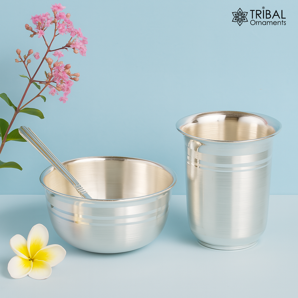 999 fine silver water milk glass and bowl, silver tumbler silver spoon, silver utensils, silver baby set serving food utensils sv200 - TRIBAL ORNAMENTS