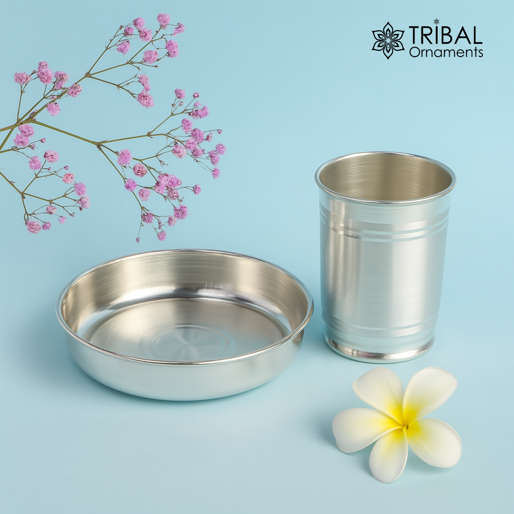 999 fine silver Water/milk tumbler and plate, silver vessel, silver baby utensils, silver puja article, gifting utensils from india sv112 - TRIBAL ORNAMENTS
