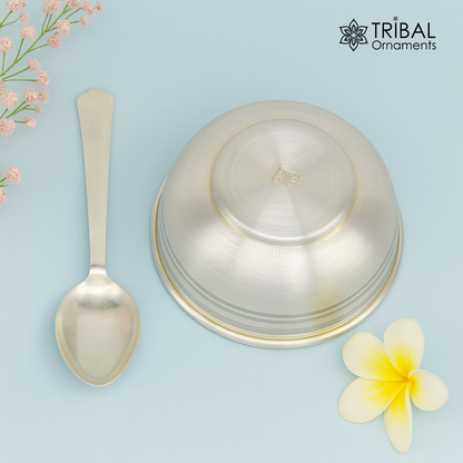 999 fine solid silver handmade bowl tray for baby food, pure silver vessel, silver utensils, home and kitchen accessories india sv93 - TRIBAL ORNAMENTS