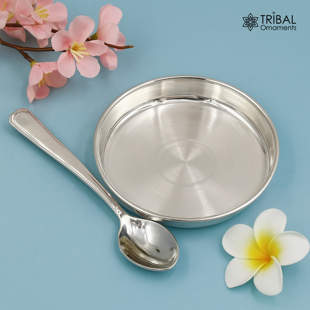 999 fine solid silver handmade plate/tray and spoon set for baby food serving, milk bowl silver utensils, home and kitchen accessories sv251 - TRIBAL ORNAMENTS