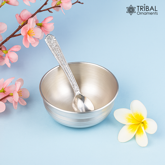 999 fine solid silver handmade small bowl for baby food, pure silver vessels, silver utensils, home and kitchen accessories india sv30 - TRIBAL ORNAMENTS