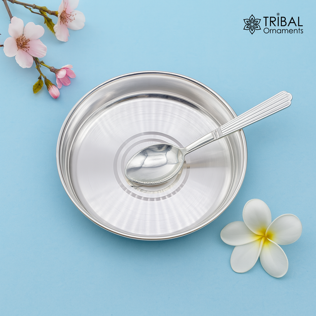 Solid silver handmade baby food tray from Tribal Ornaments, ideal for rice ceremony or Annaprashana, beautifully crafted for kids.