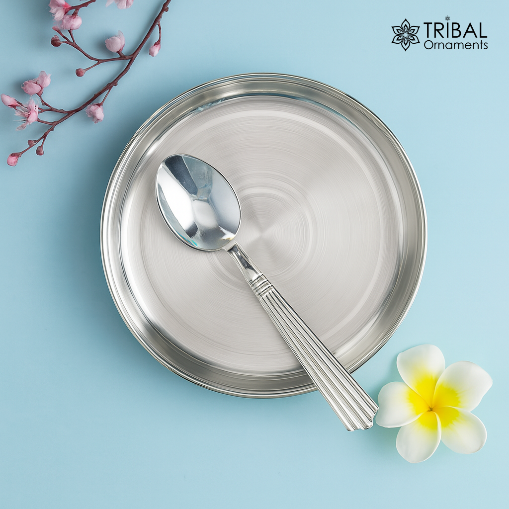 Handmade 999 fine solid silver tray for baby food serving, ideal for rice ceremony or Annaprashana celebrations.