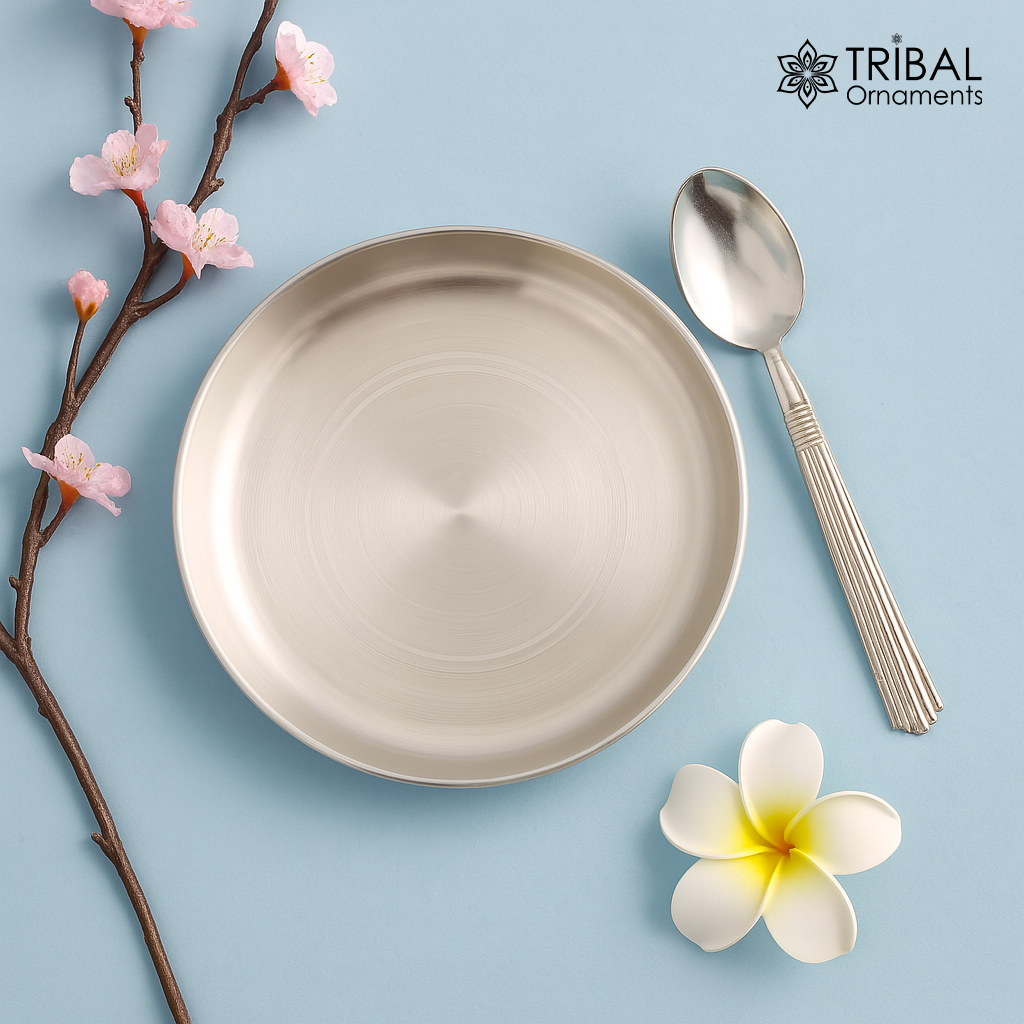 999 fine solid silver handmade tray/ plate for baby food serving, silver vessels, silver utensils,best new born baby gift  india sv212 - TRIBAL ORNAMENTS