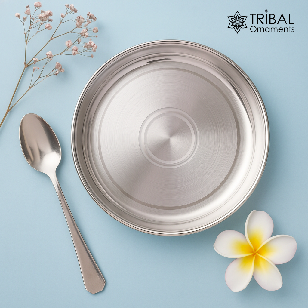 999 fine solid silver Tray or plate, silver vessel, silver baby utensils set, silver puja article, gifting utensils from india sv113 - TRIBAL ORNAMENTS