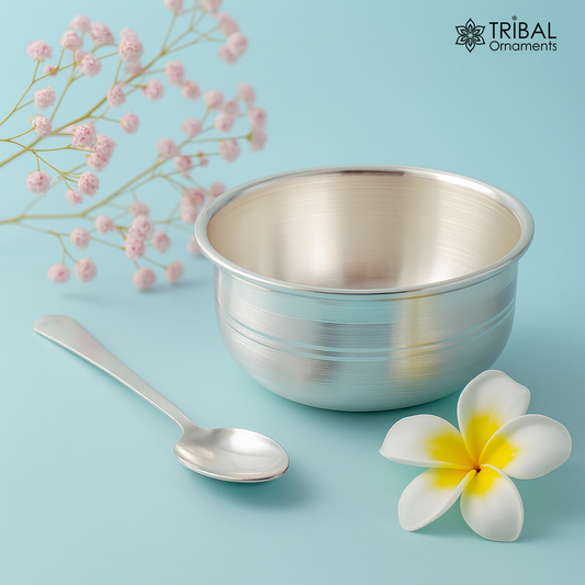999 pure fine silver handmade silver bowl and spoon set, silver utensils, best kids gift for rice ceremony /Annaprashana utensils sv76 - TRIBAL ORNAMENTS
