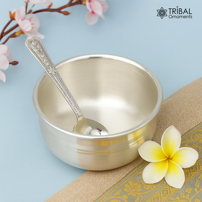 999 pure fine silver handmade silver bowl and spoon set, silver utensils silver art, tray stay baby/kids healthy, silver vessels sv75 - TRIBAL ORNAMENTS