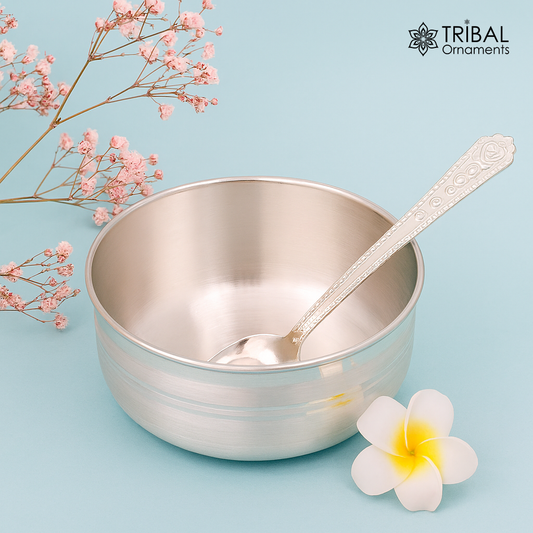 999 pure fine silver handmade solid bowl and spoon, silver baby utensils set, stay healthy kids/baby for using silver vessels, feeding sv126 - TRIBAL ORNAMENTS
