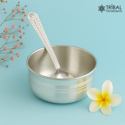 999 pure fine silver handmade solid bowl and spoon, silver baby utensils, stay healthy kids/baby for using silver vessels sv25 - TRIBAL ORNAMENTS