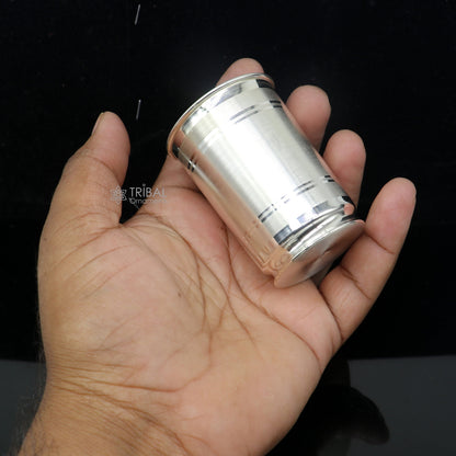 Handmade 999 pure fine silver water/ milk cup tumbler with 75ml capacity, featuring intricate tribal ornament design.