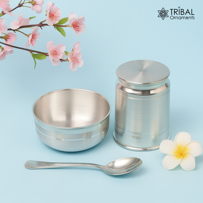 Silver combo bowl and tumbler set by Tribal Ornaments, featuring pure silver vessels ideal for kids' utensils and gifting.