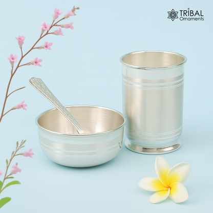 999 pure silver combo bowl and Water/milk tumbler, silver vessel, silver baby utensils, silver puja article, puja gifting utensils sv110 - TRIBAL ORNAMENTS