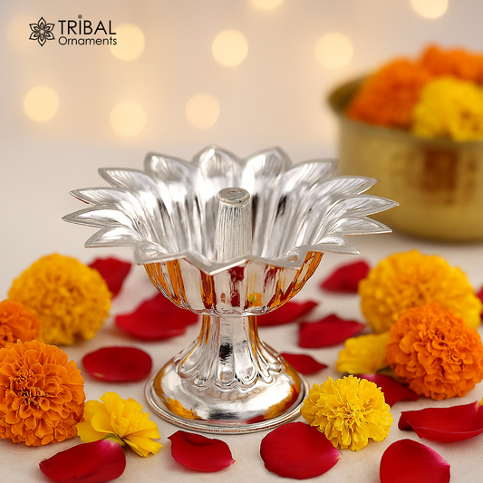 999 pure silver handmade elegant oil lamp, silver home temple utensils, silver diya, deepak, silver vessels, silver art decorative art su172 - TRIBAL ORNAMENTS