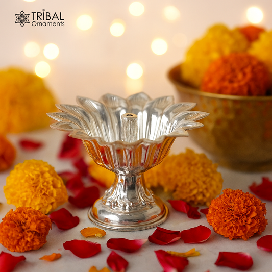 999 pure silver handmade elegant oil lamp, silver home temple utensils, silver diya, deepak, silver vessels, silver art decorative art su173 - TRIBAL ORNAMENTS