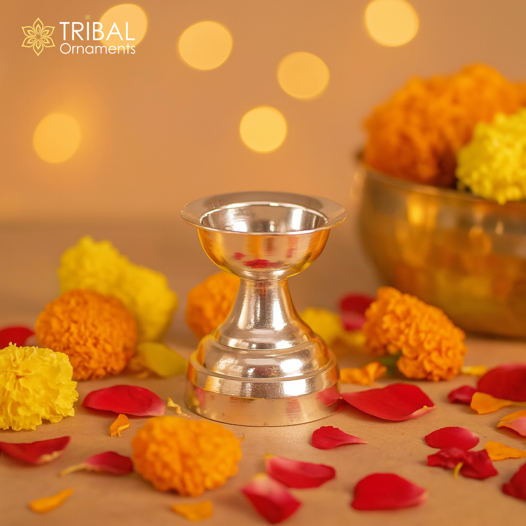 999 pure silver handmade elegant oil lamp, silver home temple utensils, silver diya, deepak, silver vessels, silver art decorative art su387 - TRIBAL ORNAMENTS