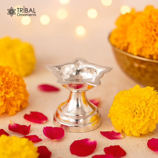 999 pure silver handmade elegant oil lamp, silver home temple utensils, silver diya, deepak, silver vessels, silver puja article nsv85 - TRIBAL ORNAMENTS