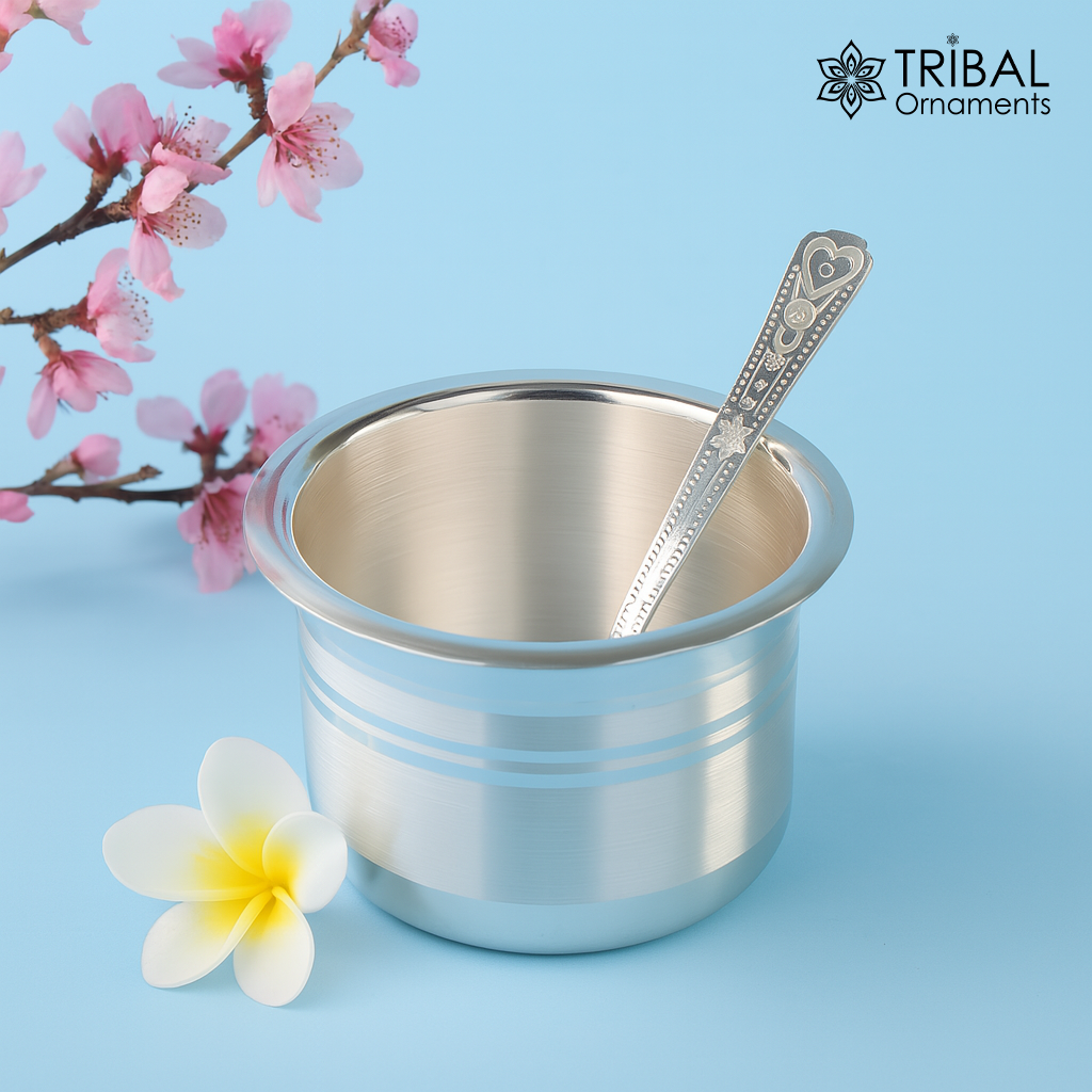 Handmade 999 pure silver baby feeding set with bowl and spoon, tribal ornaments silver vessels and utensils for healthy feeding.