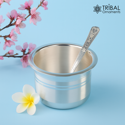 Handmade 999 pure silver baby feeding set with bowl and spoon, tribal ornaments silver vessels and utensils for healthy feeding.