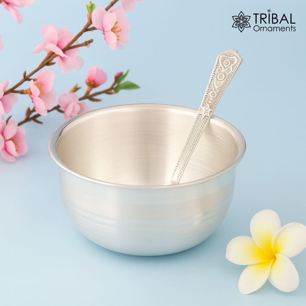 999 pure silver handmade solid bowl and spoon, table serving bowl, silver vessels, food serving utensils set, silver kitchen tools art sv84 - TRIBAL ORNAMENTS