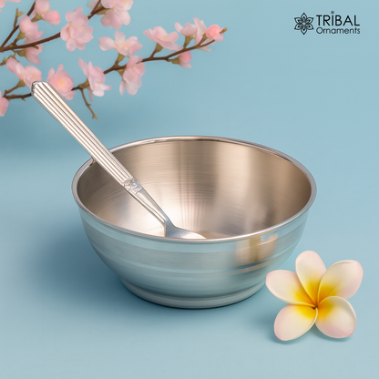 Handmade 999 pure sterling silver baby serving bowl and spoon set by Tribal Ornaments, shiny silver vessel for healthy food serving.