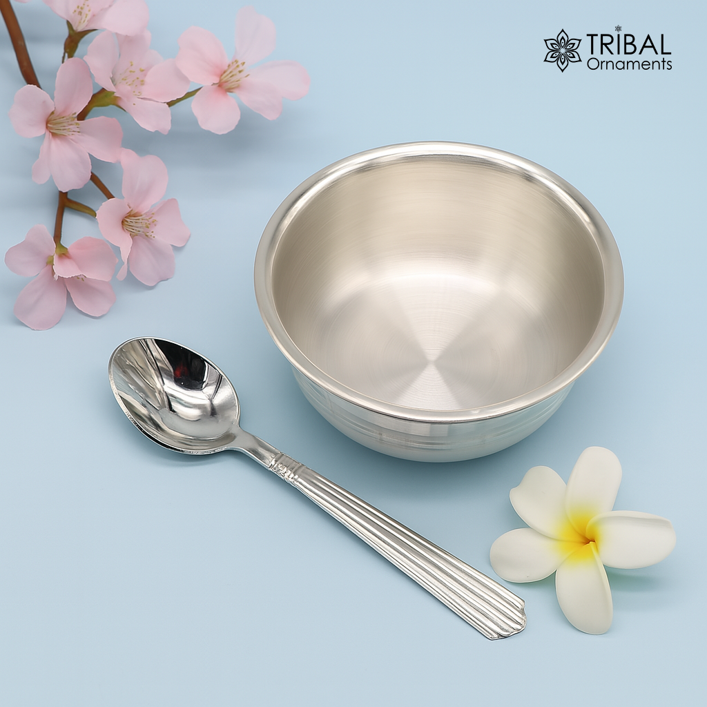 999 pure sterling silver handmade solid silver bowl & spoon, healthy serving bowl, silver vessel, baby serving food utensils baby set sv191 - TRIBAL ORNAMENTS