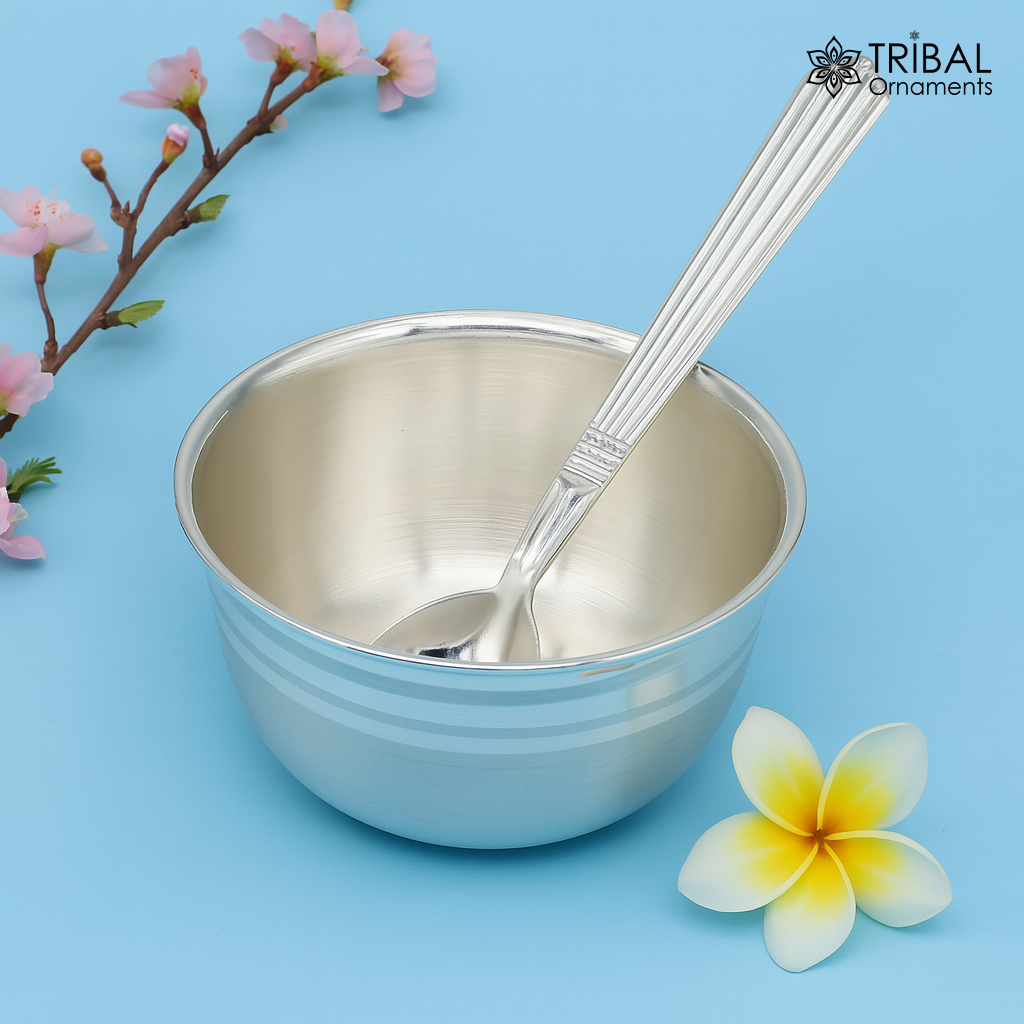 999 pure sterling silver handmade solid silver bowl & spoon, healthy serving bowl, silver vessel, baby serving food utensils baby set sv192 - TRIBAL ORNAMENTS