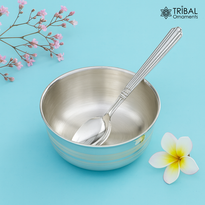 Handmade 999 pure sterling silver baby serving bowl with matching spoon, traditional silver vessel for healthy baby food serving.