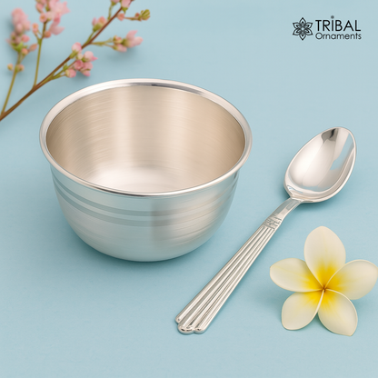 999 pure sterling silver handmade solid silver bowl & spoon, healthy serving bowl, silver vessel, baby serving food utensils baby set sv194 - TRIBAL ORNAMENTS