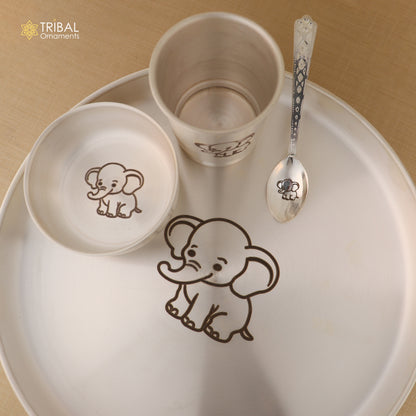TRIBAL ORNAMENTS 999 silver baby dinner set with bowl, spoon, tumbler, and plate tray, crafted in elegant silver.
