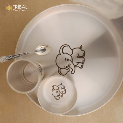999 silver baby dinner set with bowl, spoon, tumbler, and plate from Tribal Ornaments, featuring traditional silver utensils.