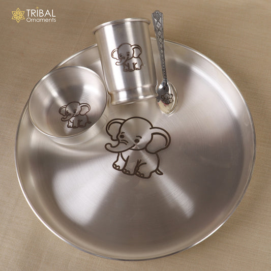 999 silver baby dinner set with bowl, spoon, tumbler, and tray by Tribal Ornaments, featuring intricate silver craftsmanship.
