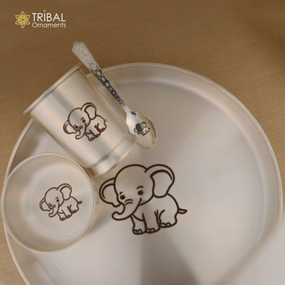 Tribal Ornaments 999 silver baby dinner set with bowl, spoon, tumbler, and plate tray, crafted in shiny silver.