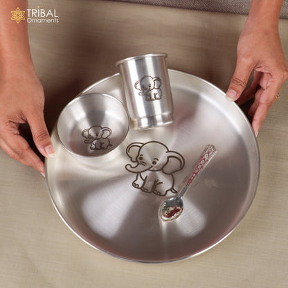 999 silver baby dinner set with bowl, spoon, tumbler, and plate from Tribal Ornaments, featuring traditional silver utensils.