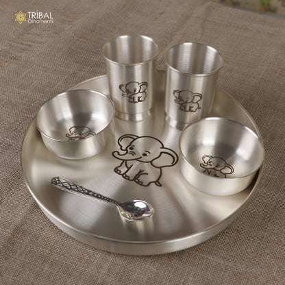 Silver baby dinner set by Tribal Ornaments includes a combo bowl, spoon, tumbler, and plate in 999 silver.