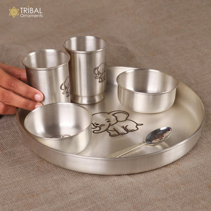 Tribal Ornaments 999 silver baby dinner set with bowl, spoon, tumbler, plate, and tray, crafted in elegant silver.