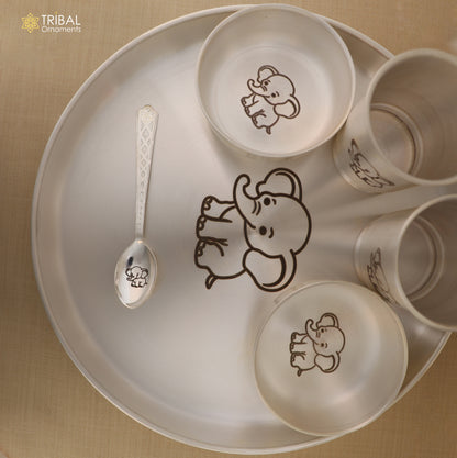 999 silver baby dinner set with bowl, spoon, tumbler, and tray by Tribal Ornaments, featuring intricate silver craftsmanship.