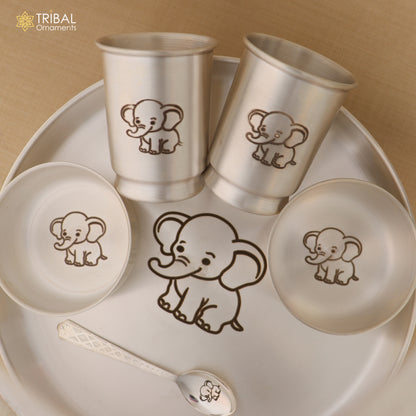 999 silver baby dinner set with bowl, spoon, tumbler, and plate by Tribal Ornaments, featuring traditional silver utensils.