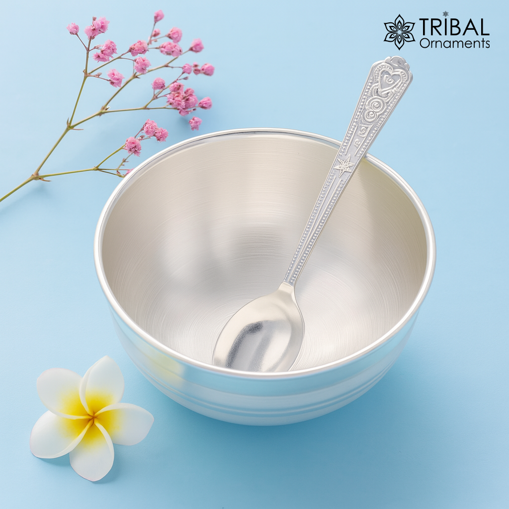 999 solid pure silver handmade utensils bowl and spoon, table serving bowl, silver vessel, baby feeding, silver kitchen art baby set sv87 - TRIBAL ORNAMENTS