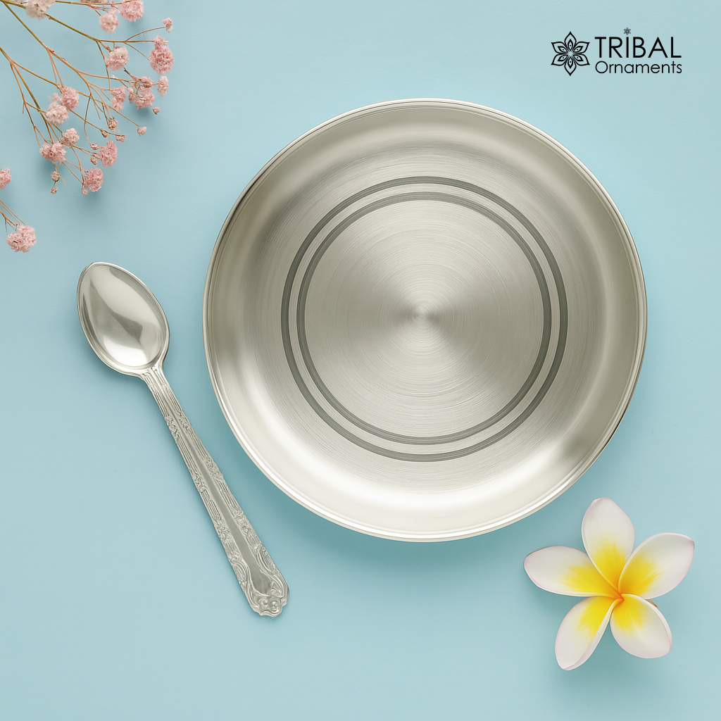 999 sterling silver handmade silver plate tray with spoon, silver baby utensil set , silver baby food tray , silver utensils  india sv152 - TRIBAL ORNAMENTS