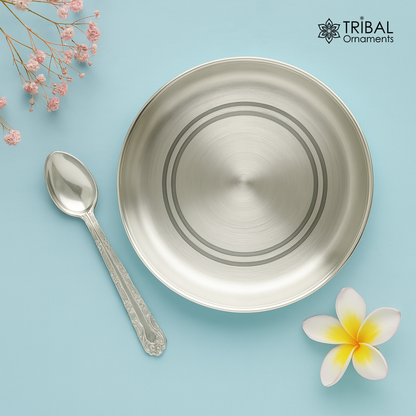 999 sterling silver handmade silver plate tray with spoon, silver baby utensil set , silver baby food tray , silver utensils  india sv152 - TRIBAL ORNAMENTS