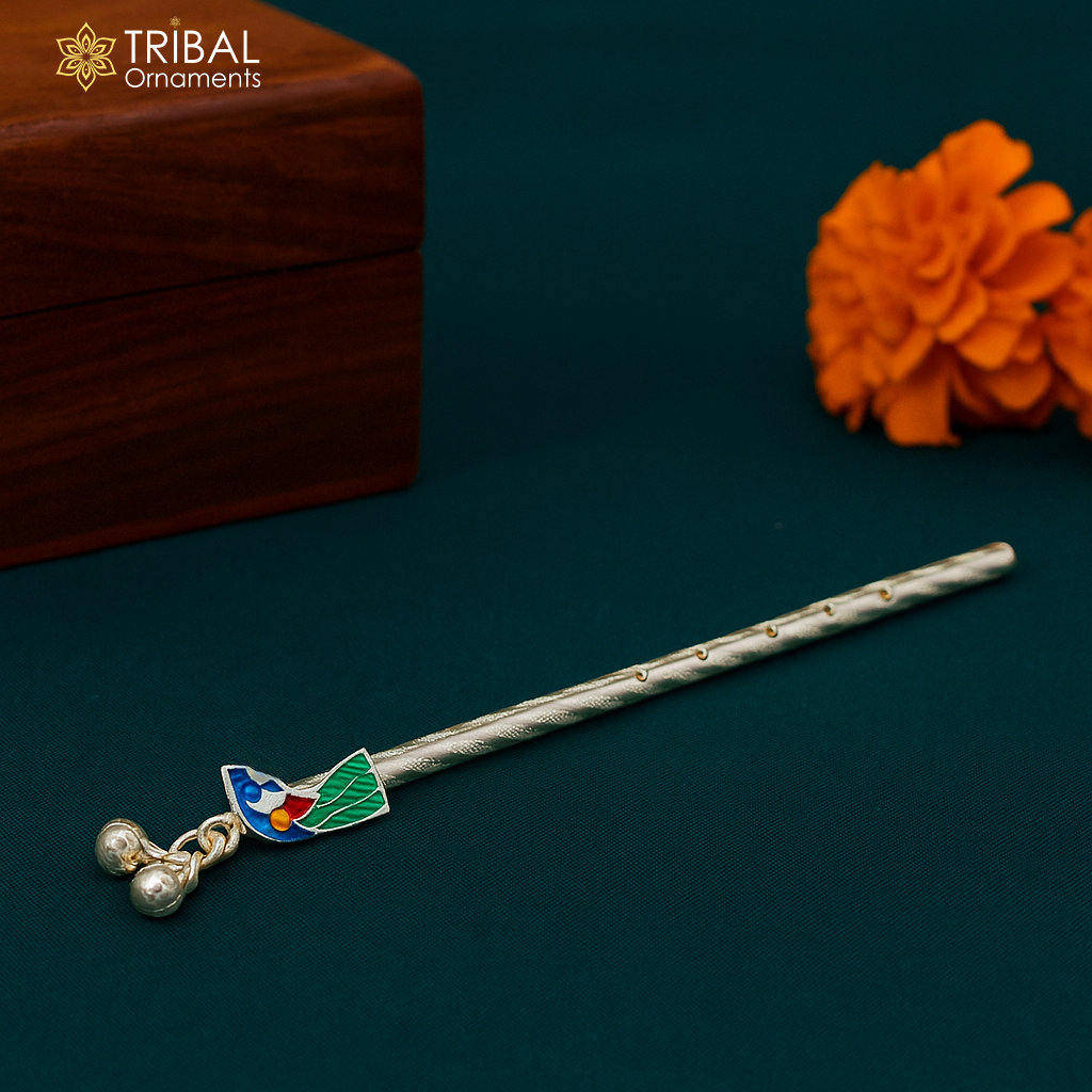 9cm long 925 sterling silver handmade Peacock design Krishna flute, silver Bansuri, Baby Gopala flute, little krishna flute puja art su581 - TRIBAL ORNAMENTS