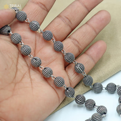 Sterling silver beaded chain necklace for unisex jewelry, 9mm thickness, from TRIBAL ORNAMENTS, featuring delicate beaded design.