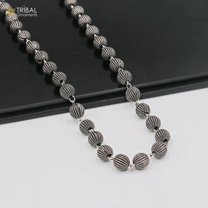 Sterling silver 9mm beaded chain necklace by TRIBAL ORNAMENTS, unisex jewelry, delicate design for everyday wear.