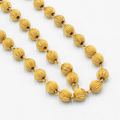 Sterling silver 9mm beaded chain necklace with gold polish, unisex jewelry by TRIBAL ORNAMENTS, close-up of beaded design